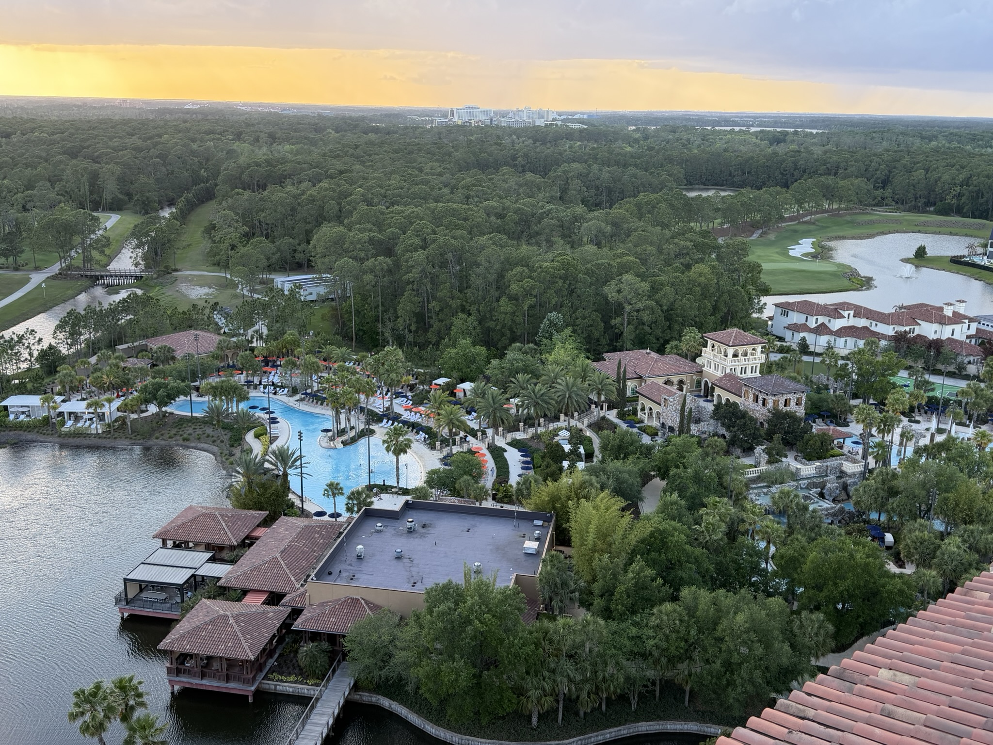 Aerial view of Four Seasons Orlando grounds, pools, and golf course